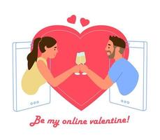 conception de vecteur de carte de voeux saint valentin. concept de rencontres en ligne. couple tintant des verres de champagne à partir d'écrans de smartphone.