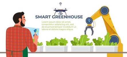 bannière de vecteur plat de serre intelligente. l'agriculteur détient une tablette avec une application pour le robot automatisé de contrôle à distance .agriculture près de la plantation de salades.