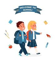 vecteur bienvenue à la carte scolaire avec un garçon et une fille souriants en uniforme avec des sacs d'école entourés de fournitures scolaires. retour à l'école. illustration vectorielle.