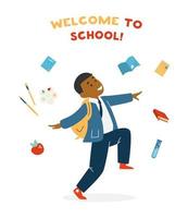 vecteur bienvenue à la carte d'école avec mignon garçon souriant afro-américain en uniforme avec sac d'école sautant et sautant entouré de matériel scolaire. retour à l'école. illustration vectorielle.