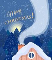 illustration vectorielle de maison de campagne d'hiver avec fumée de cheminée avec paysage de nuit et mots de salutation. parfait pour les cartes de noël et du nouvel an. vecteur