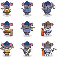 illustration vectorielle de construction de souris, constructeur, électricien, soudeur et dessin animé de bricoleurs. ouvriers d'ingénieurs de souris mignons, personnages de constructeurs isolés illustration de dessin animé. vecteur