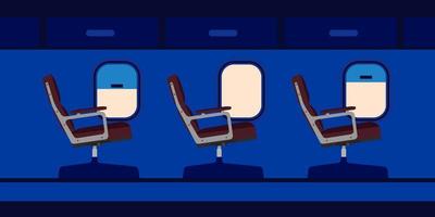 vecteur d'illustration de siège passager de cabine d'avion. jet intérieur de dessin animé d'avion de voyage bleu avec fenêtre. chaise plate à l'intérieur de l'allée du salon de classe économique. voyage en avion.