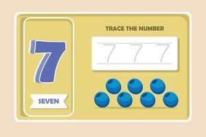 feuille de travail pratique de traçage numéro sept avec 7 noix de coco. formation écrire et compter le concept de nombres. illustration vectorielle.