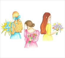 ensemble de filles avec des fleurs, illustration aquarelle faite à la main vecteur