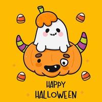 heureux, halloween, citrouille, à, fantôme, kawaii, dessin animé vecteur