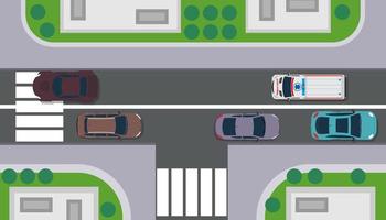 vue de dessus de la ville bâtiment carte vecteur paysage. route avec voiture, arbre, toit, herbe. trottoir plat circulation urbaine piétonne. carrefour d'intersection de ville d'illustration d'autoroute. scène façon véhicule métropole