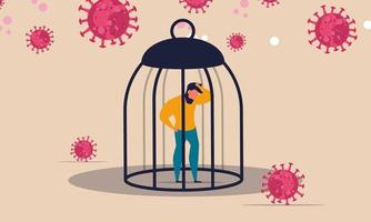 verrouillage et couvre-feu à la maison illustration vectorielle avec des gens. un homme se tient dans une cage autour du virus corona. déclinez l'économie des affaires et protégez votre santé. chômage dû à l'infection vecteur