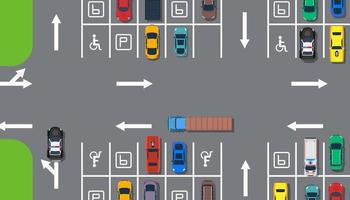 zone de stationnement voiture vue de dessus illustration de construction aérienne. concept de transport routier routier. place de la ville espace public. ligne de régulation de garage. de nombreuses bannières de créneaux réservés. vecteur