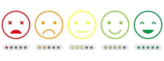 échelle de rétroaction emoji avec icône de ligne d'étoiles. l'humeur des clients, du bon visage heureux au concept en colère et triste. rétroaction d'émoticône. enquête de niveau de satisfaction client. illustration vectorielle isolée vecteur