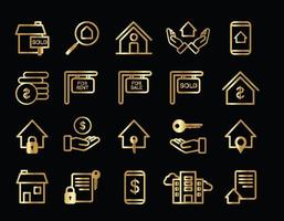 ensemble d'icônes de l'immobilier d'or vecteur