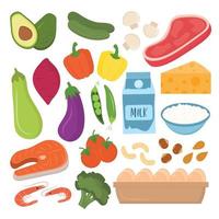 alimentaire sur fond blanc. collection de divers repas, poisson et viande, légumes, lait. alimentation fraîche et saine. ensemble d'épicerie. aliments naturels biologiques et sains. produits pour cuisiner. vecteur