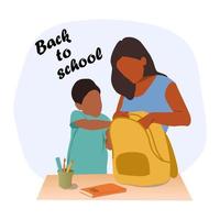 maman et le garçon emballent un sac à dos pour l'école, préparation à l'école, illustration vectorielle, aller à l'école, retour à l'école vecteur