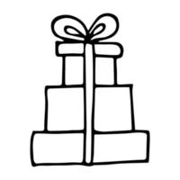 jolie pile de cadeaux de noël doodle. cadeaux noirs et blancs dessinés à la main. boîte d'illustration vectorielle avec ruban et archet. vecteur