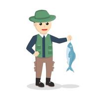 pêcheur tenant un personnage de conception de poisson sur fond blanc vecteur