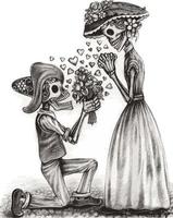 couple d'art amoureux crânes jour des morts. dessin à la main et faire du vecteur graphique.