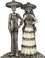 couple d'art amoureux mariage crânes mexicains. dessin à la main et faire du vecteur graphique.