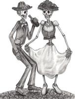 couple d'art amoureux dansant crânes jour des morts. dessin à la main et faire du vecteur graphique.