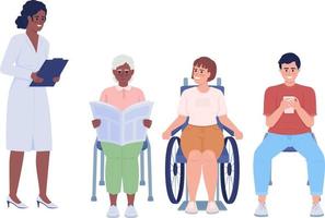 le médecin et les patients font la queue des caractères vectoriels de couleur semi-plats. chiffres modifiables. personnes de tout le corps sur blanc. rendez-vous illustrations simples de style dessin animé pour la conception graphique et l'animation web vecteur