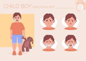 petit garçon offensé pleurant ensemble d'émotions de caractère de couleur semi-plate. expressions faciales modifiables. illustration de style vecteur de tristesse pour la conception graphique de mouvement et l'animation