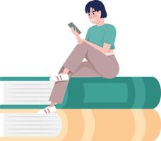 femme avec téléphone portable assis sur des livres caractère vectoriel de couleur semi-plat