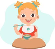 bébé fille a un repas. personnage de dessin animé. petite fille souriante avec une assiette de bouillie et une cuillère. nourriture pour bébés. illustration vectorielle plane. vecteur