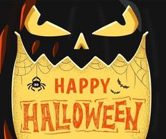 visage de monstre en gros plan. illustration vectorielle du visage effrayant de jack o lantern avec inscription happy halloween conçue pour la bannière