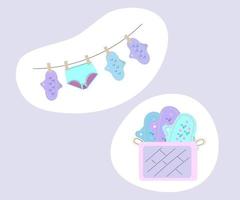 hygiène féminine. les pantalons menstruels, les tampons en tissu réutilisables et la tasse sont des articles d'hygiène pour la protection de la femme pendant le cycle menstruel, zéro déchet, illustration vectorielle de dessin animé. vecteur