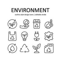 jeu d'icônes d'environnement. contient des icônes telles que l'éco-friendly, la conservation, etc. conception de style de ligne. illustration graphique vectorielle. adapté à la conception de sites Web, à l'application, au modèle, à l'interface utilisateur. vecteur