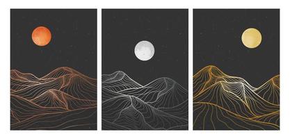 impression d'art en ligne moderne et minimaliste créative sur le plateau. paysages abstraits d'arrière-plans esthétiques contemporains de montagne. avec montagne, lune, mer, ligne d'horizon, vague. illustrations vectorielles vecteur