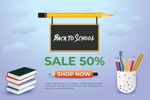 conception de fond de vente de retour à l'école avec des crayons de couleur et d'autres éléments d'apprentissage vecteur