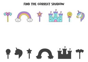trouvez les ombres correctes des éléments mignons de licorne. puzzle logique pour les enfants. vecteur