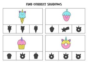 trouver l'ombre correcte des images kawaii mignonnes. jeux de cartes à clip imprimables pour enfants. vecteur