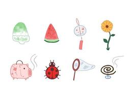 ensemble d'objets d'été japonais mignons dessinés à la main isolés vecteur
