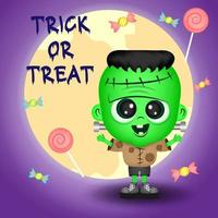 frankenstein vert halloween avec joli visage et bonbons 3d, illustration vectorielle vecteur