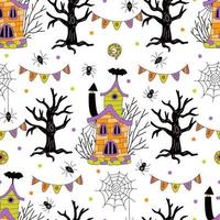 modèle sans couture d'halloween avec des maisons effrayantes, des araignées, des arbres nus et des guirlandes sur fond blanc. illustration vectorielle dessinée à la main dans un style doodle vecteur