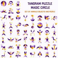 jeu de puzzle cercle magique pour les enfants. tangram. cercle magique. schémas avec différents animaux, oiseaux et objets. illustration vectorielle vecteur