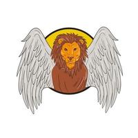 dessin de cercle de tête de lion ailé vecteur