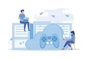 deux joueurs jouant à un ordinateur connecté avec un joystick. jeux à la demande, diffusion de vidéos et de fichiers, illustration vectorielle de la technologie cloud vecteur