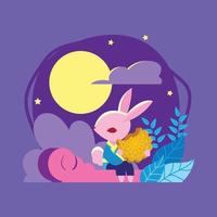 lapin avec gâteau de lune dans la nuit de pleine lune vecteur