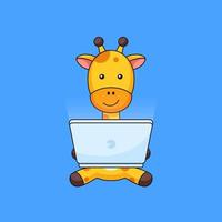 girafe travail en ligne utiliser ordinateur portable vecteur contour illustration mascotte