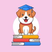 chien diplômé debout sur le dessus du livre de la pile porter un chapeau de toge pour l'activité de l'école des animaux vecteur contour illustration mascotte