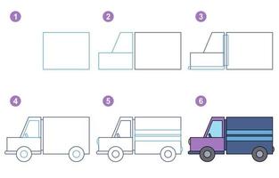 instructions pour dessiner un camion. suivre étape par camion. feuille de travail pour enfant apprenant à dessiner le transport. jeu pour la page de vecteur enfant. schéma pour dessiner un camion. illustration vectorielle