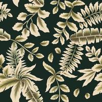 motif botanique vintage sans couture avec feuilles tropicales dorées et feuillage de plantes sur fond sombre. fond tropical. impression et textile. tropiques exotiques. texture à la mode. fond d'écran nature vecteur