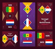 match sénégal-pays-bas. ensemble de bannières verticales et carrées du football mondial 2022 pour les médias sociaux. Infographie du football 2022. phase de groupes. annonce d'illustration vectorielle vecteur