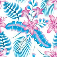 motif floral rose harmonieux avec des feuilles de palmier de banane tropicales bleues et un feuillage de plantes sur fond blanc. fond d'écran d'automne. fond de printemps fond tropical. fond fleuri. conception d'été vecteur