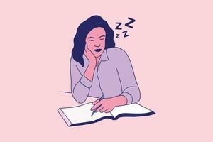 illustrations de belles étudiantes adolescentes faisant la sieste à son bureau avec un livre vecteur