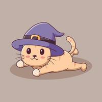 dessin animé de chat mignon couché portant un chapeau de sorcière. personnage de dessin animé de mascotte de chat. concept d'icône d'halloween. style de dessin animé plat adapté à la page de destination web, à la bannière, au dépliant, à l'autocollant, à la carte vecteur