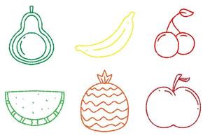 illustration vectorielle de fruits. avocat, banane, cerise, pastèque, ananas, icônes de pomme avec contour coloré vecteur