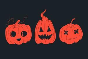 un ensemble de trois citrouilles d'halloween, des visages drôles.vecteur en style cartoon. tous les éléments sont isolés vecteur